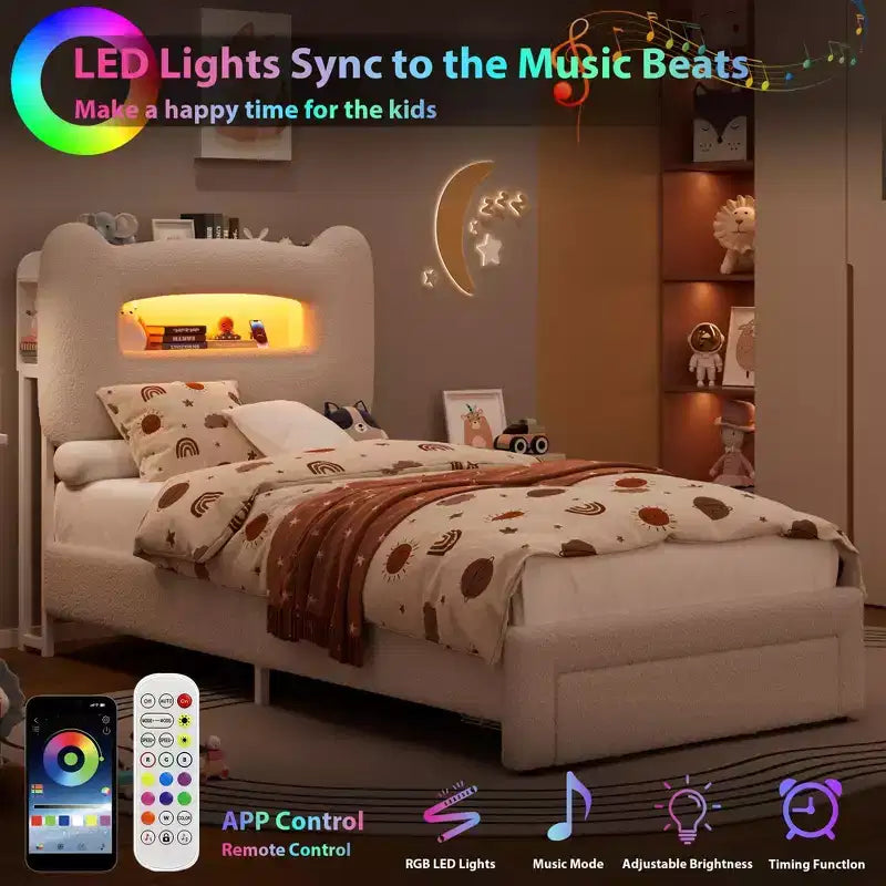 Cadre de lit double LED avec tête de lit de rangement à 2 niveaux, lit plateforme rembourré avec station de charge et tiroir, support métallique, aucun sommier tapissier requis