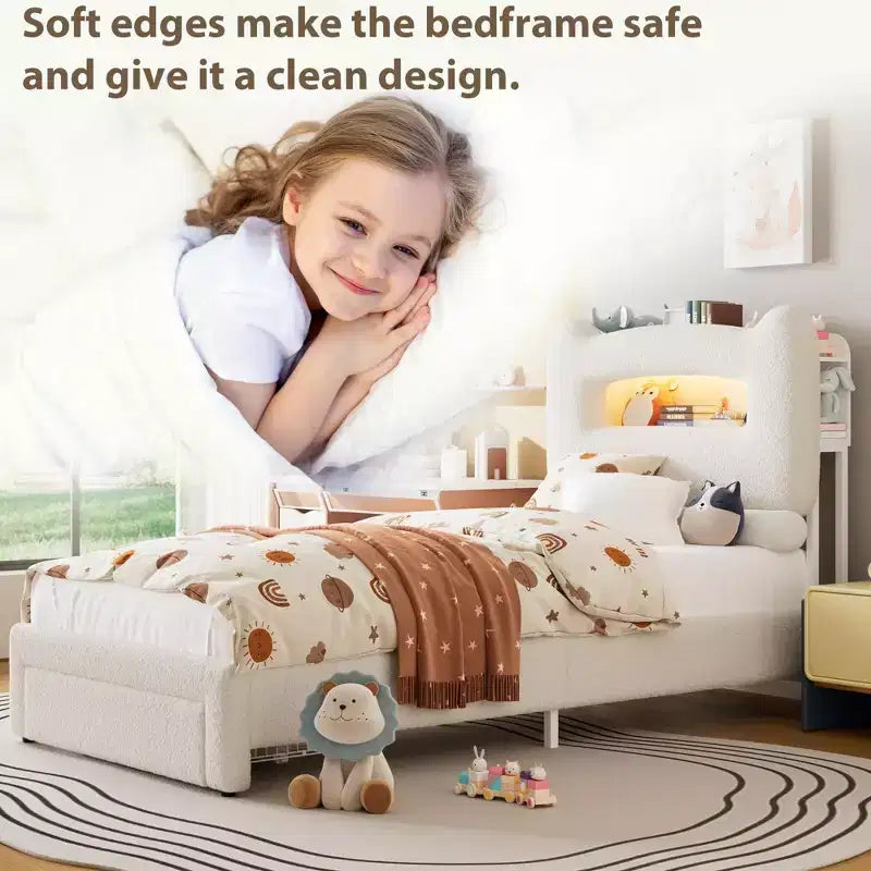 Cadre de lit double LED avec tête de lit de rangement à 2 niveaux, lit plateforme rembourré avec station de charge et tiroir, support métallique, aucun sommier tapissier requis