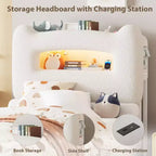 Cadre de lit double LED avec tête de lit de rangement à 2 niveaux, lit plateforme rembourré avec station de charge et tiroir, support métallique, aucun sommier tapissier requis