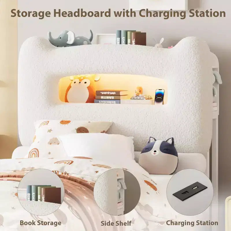 Cadre de lit double LED avec tête de lit de rangement à 2 niveaux, lit plateforme rembourré avec station de charge et tiroir, support métallique, aucun sommier tapissier requis