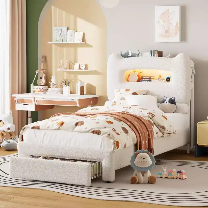 LED Full Bed Frame with 2-Tier Storage Headboard, Upholstered Platform Bed with Charging Station and Drawer, Metal Support, No Box Spring Needed