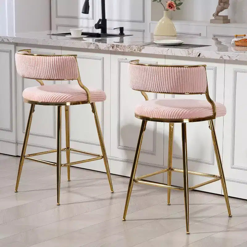 TUYOHW Lot de 2 tabourets de bar hauteur comptoir 66 cm, tabourets de bar en velours côtelé moelleux avec base chromée dorée et repose-pieds, tabourets de cuisine élégants pour la décoration intérieure