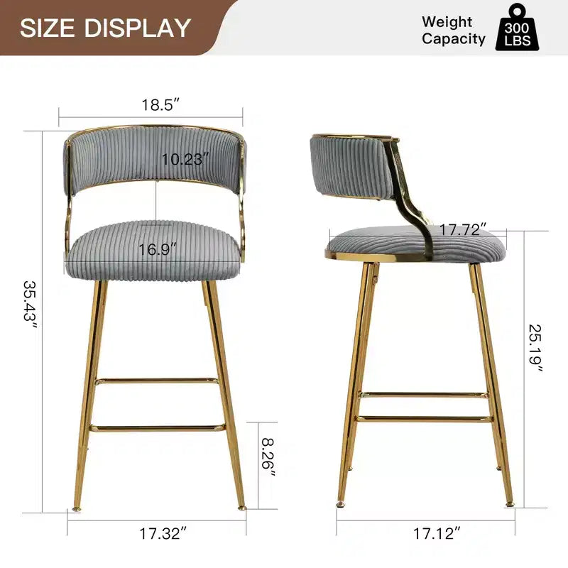 TUYOHW Lot de 2 tabourets de bar hauteur comptoir 66 cm, tabourets de bar en velours côtelé moelleux avec base chromée dorée et repose-pieds, tabourets de cuisine élégants pour la décoration intérieure