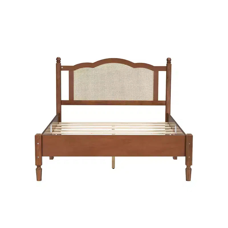 Lit plateforme vintage GDFStudio Brenda en bois avec tête de lit en rotin naturel