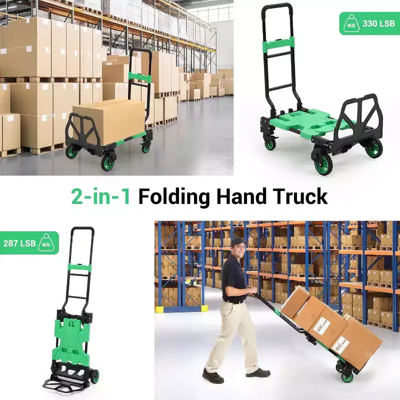 Chariot de manutention pliant 2 en 1 COZONY avec panier pliable, poignée rétractable, capacité de 150 kg, chariot plateforme portable pour le shopping et le transport de bagages