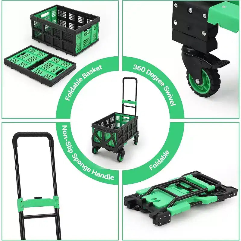 Chariot de manutention pliant 2 en 1 COZONY avec panier pliable, poignée rétractable, capacité de 150 kg, chariot plateforme portable pour le shopping et le transport de bagages