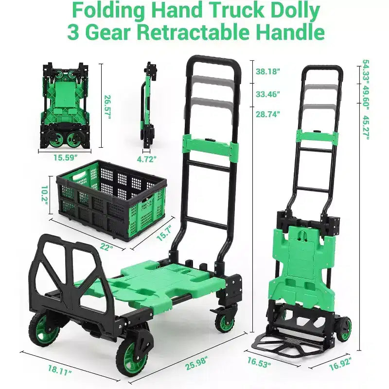 Chariot de manutention pliant 2 en 1 COZONY avec panier pliable, poignée rétractable, capacité de 150 kg, chariot plateforme portable pour le shopping et le transport de bagages