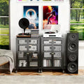 JVNOXK 35.8-inch Media Storage Cabinet, AV Stereo TV Stand with 4 Adjustable Glass Shelves and Cabinet Doors,Heavy Steel Frame for Living Room, Black