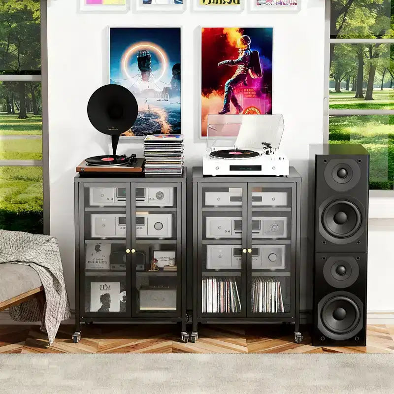JVNOXK 35.8-inch Media Storage Cabinet, AV Stereo TV Stand with 4 Adjustable Glass Shelves and Cabinet Doors,Heavy Steel Frame for Living Room, Black