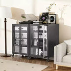 Meuble de rangement multimédia JVNOXK de 90,9 cm, meuble TV stéréo AV avec 4 étagères en verre réglables et portes d'armoire, cadre en acier robuste pour le salon, noir