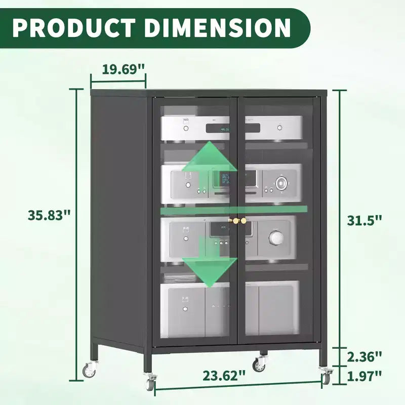 Meuble de rangement multimédia JVNOXK de 90,9 cm, meuble TV stéréo AV avec 4 étagères en verre réglables et portes d'armoire, cadre en acier robuste pour le salon, noir