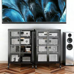 Meuble de rangement multimédia JVNOXK de 90,9 cm, meuble TV stéréo AV avec 4 étagères en verre réglables et portes d'armoire, cadre en acier robuste pour le salon, noir