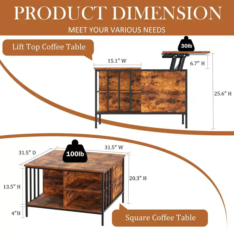 JVNOXK Table basse relevable de style rustique de 80 cm, hauteur réglable, table de salon multifonctionnelle avec compartiment de rangement caché