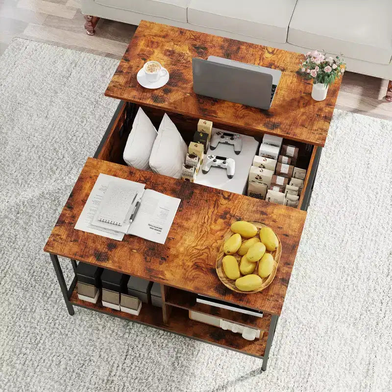 JVNOXK Table basse relevable de style rustique de 80 cm, hauteur réglable, table de salon multifonctionnelle avec compartiment de rangement caché