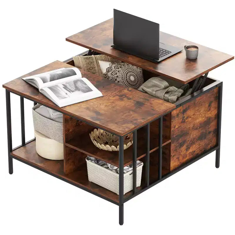 JVNOXK Table basse relevable de style rustique de 80 cm, hauteur réglable, table de salon multifonctionnelle avec compartiment de rangement caché