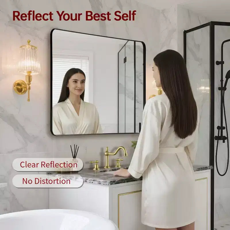Miroir de salle de bain carré SUMERAIN avec verre trempé, miroir de courtoisie 36x36, cadre en aluminium antirouille