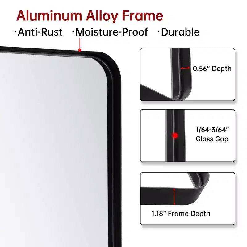 Miroir de salle de bain carré SUMERAIN avec verre trempé, miroir de courtoisie 36x36, cadre en aluminium antirouille