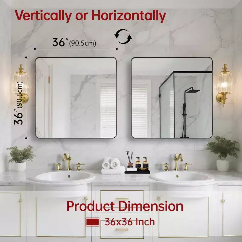 Miroir de salle de bain carré SUMERAIN avec verre trempé, miroir de courtoisie 36x36, cadre en aluminium antirouille