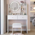 Okak Elegent Makeup Vanity with Round Mirror, Vanity Table with Soft Cushion Stool and Touch Switch, Dressing Table with Ample Storage, White