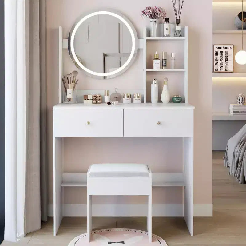 Okak Elegent Makeup Vanity with Round Mirror, Vanity Table with Soft Cushion Stool and Touch Switch, Dressing Table with Ample Storage, White