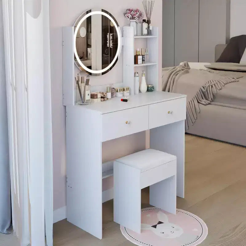Coiffeuse élégante Okak avec miroir rond, table de coiffeuse avec tabouret rembourré et interrupteur tactile, coiffeuse avec grand rangement, blanc