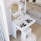 Coiffeuse élégante Okak avec miroir rond, table de coiffeuse avec tabouret rembourré et interrupteur tactile, coiffeuse avec grand rangement, blanc