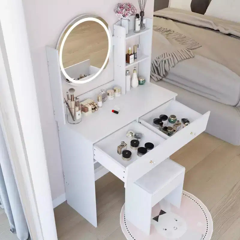 Coiffeuse élégante Okak avec miroir rond, table de coiffeuse avec tabouret rembourré et interrupteur tactile, coiffeuse avec grand rangement, blanc