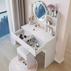 Coiffeuse élégante Okak avec miroir rond, table de coiffeuse avec tabouret rembourré et interrupteur tactile, coiffeuse avec grand rangement, blanc