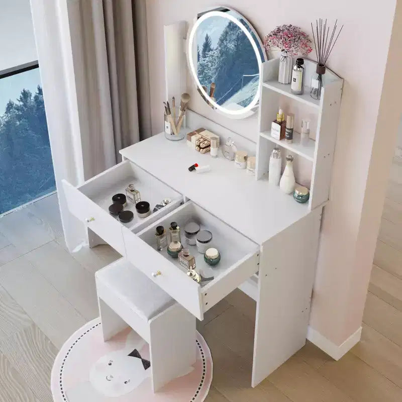 Coiffeuse élégante Okak avec miroir rond, table de coiffeuse avec tabouret rembourré et interrupteur tactile, coiffeuse avec grand rangement, blanc