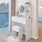 Coiffeuse élégante Okak avec miroir rond, table de coiffeuse avec tabouret rembourré et interrupteur tactile, coiffeuse avec grand rangement, blanc