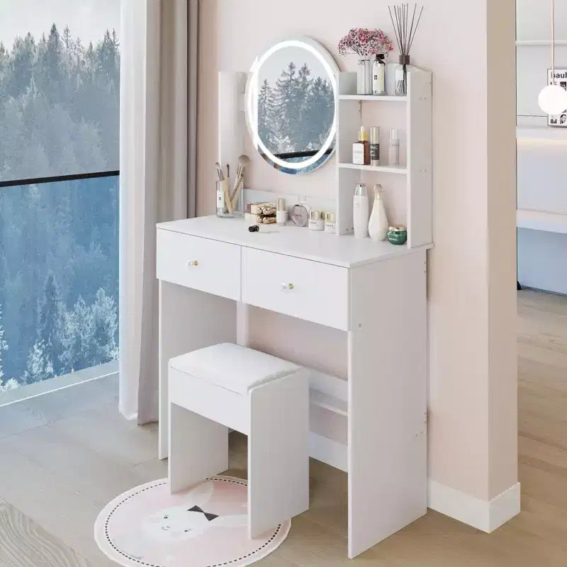 Coiffeuse élégante Okak avec miroir rond, table de coiffeuse avec tabouret rembourré et interrupteur tactile, coiffeuse avec grand rangement, blanc