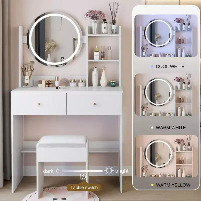 Coiffeuse élégante Okak avec miroir rond, table de coiffeuse avec tabouret rembourré et interrupteur tactile, coiffeuse avec grand rangement, blanc