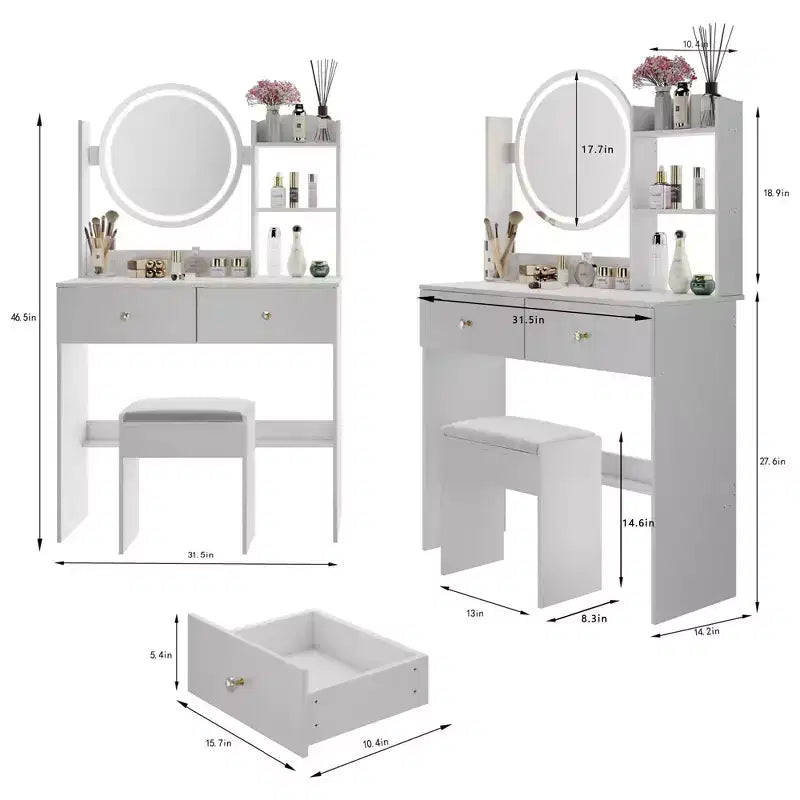 Coiffeuse élégante Okak avec miroir rond, table de coiffeuse avec tabouret rembourré et interrupteur tactile, coiffeuse avec grand rangement, blanc