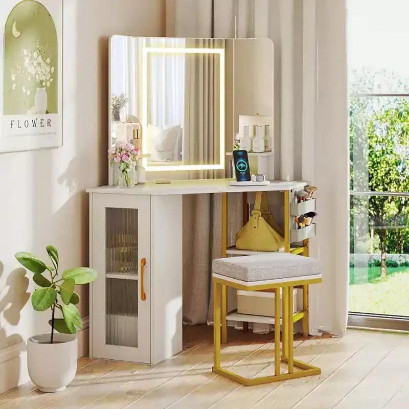 Okak Modern Makeup Vanity with Color Adjustable Triple Mirror, Corner Vanity with Sool and Metal Frame, Vanity Set for Living Room, Bedroom, White