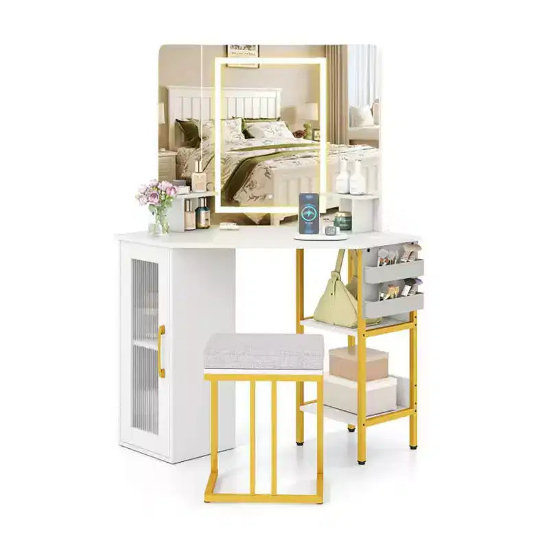 Coiffeuse moderne Okak avec miroir triple réglable en couleur, coiffeuse d'angle avec tabouret et cadre en métal, ensemble de coiffeuse pour salon, chambre, blanc