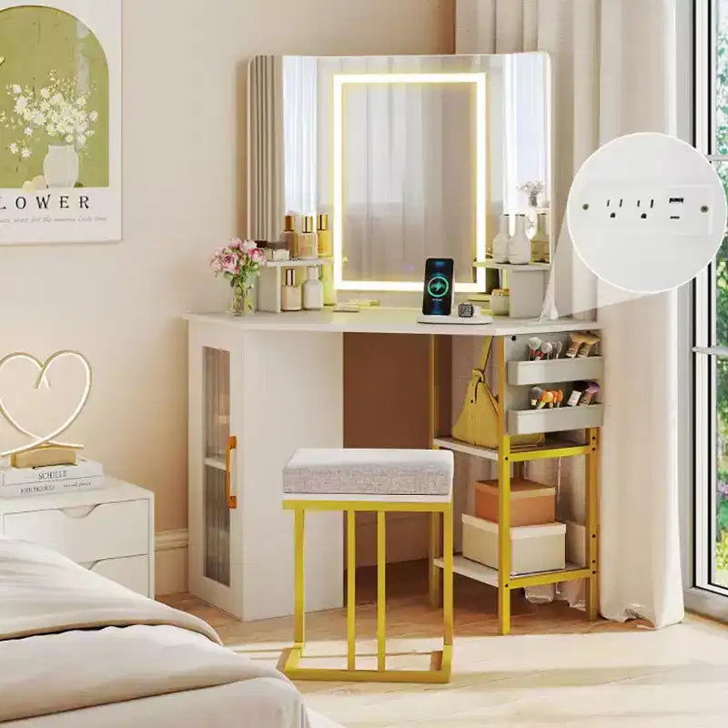 Coiffeuse moderne Okak avec miroir triple réglable en couleur, coiffeuse d'angle avec tabouret et cadre en métal, ensemble de coiffeuse pour salon, chambre, blanc
