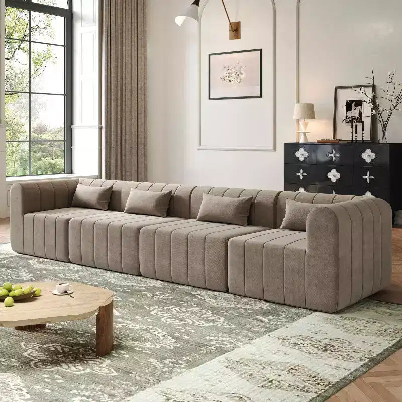 Canapé d'angle modulable MAYEERTY 145,5 pouces, revêtement en polyester beige, canapé 4 places en éponge compressée pour salon