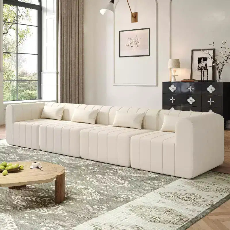 Canapé d'angle modulable MAYEERTY 145,5 pouces, revêtement en polyester beige, canapé 4 places en éponge compressée pour salon