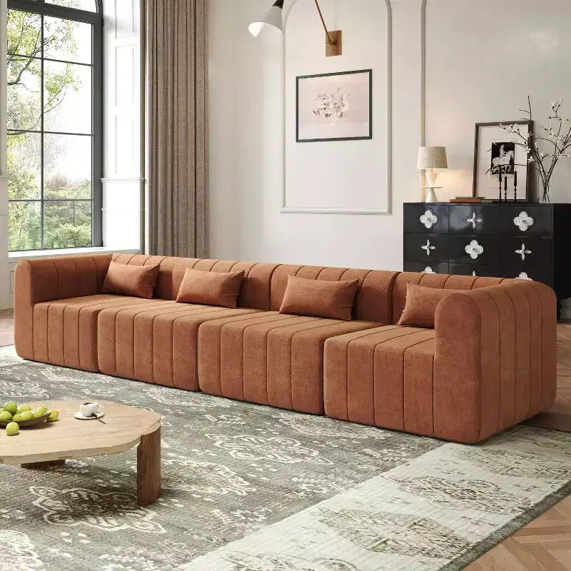 Canapé d'angle modulable MAYEERTY 145,5 pouces, revêtement en polyester beige, canapé 4 places en éponge compressée pour salon