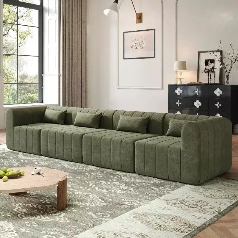 Canapé d'angle modulable MAYEERTY 145,5 pouces, revêtement en polyester beige, canapé 4 places en éponge compressée pour salon