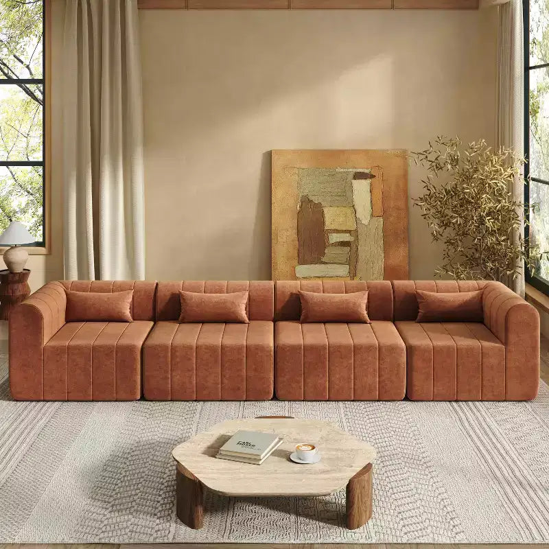 Canapé d'angle modulable MAYEERTY 145,5 pouces, revêtement en polyester beige, canapé 4 places en éponge compressée pour salon