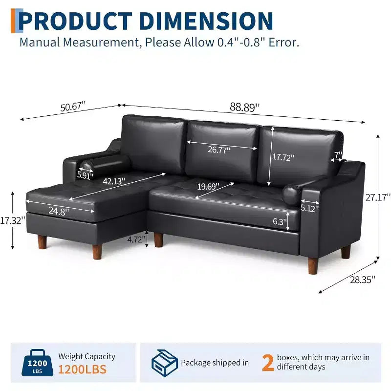 Canapé d'angle en L 88,9" avec méridienne convertible, canapé moderne du milieu du siècle à 3 places en similicuir, assise profonde pour salon, appartement, orange