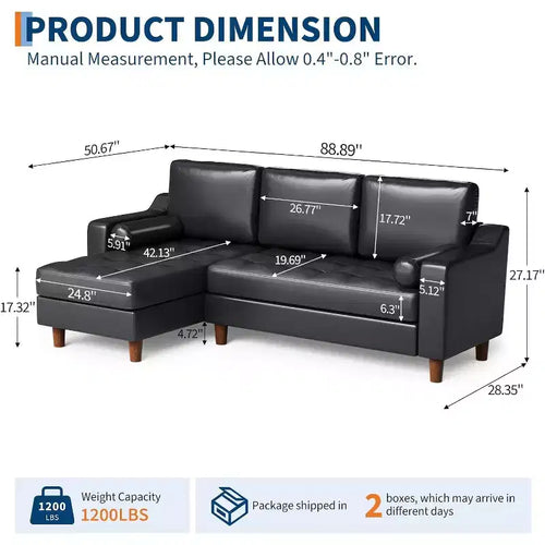 Canapé d'angle en L 88,9" avec méridienne convertible, canapé moderne du milieu du siècle à 3 places en similicuir, assise profonde pour salon, appartement, orange