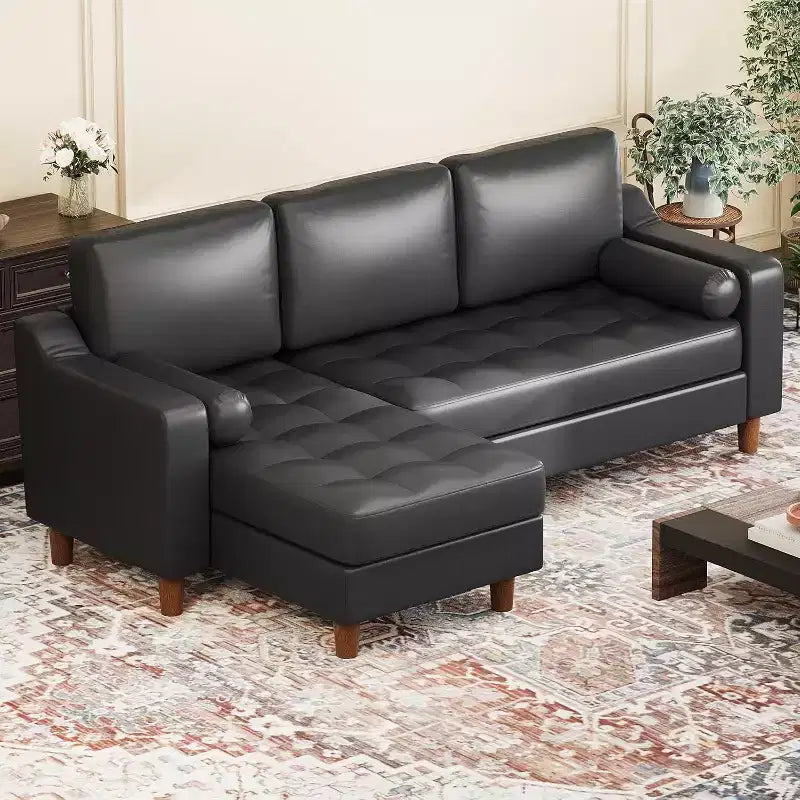 Canapé d'angle en L 88,9" avec méridienne convertible, canapé moderne du milieu du siècle à 3 places en similicuir, assise profonde pour salon, appartement, orange