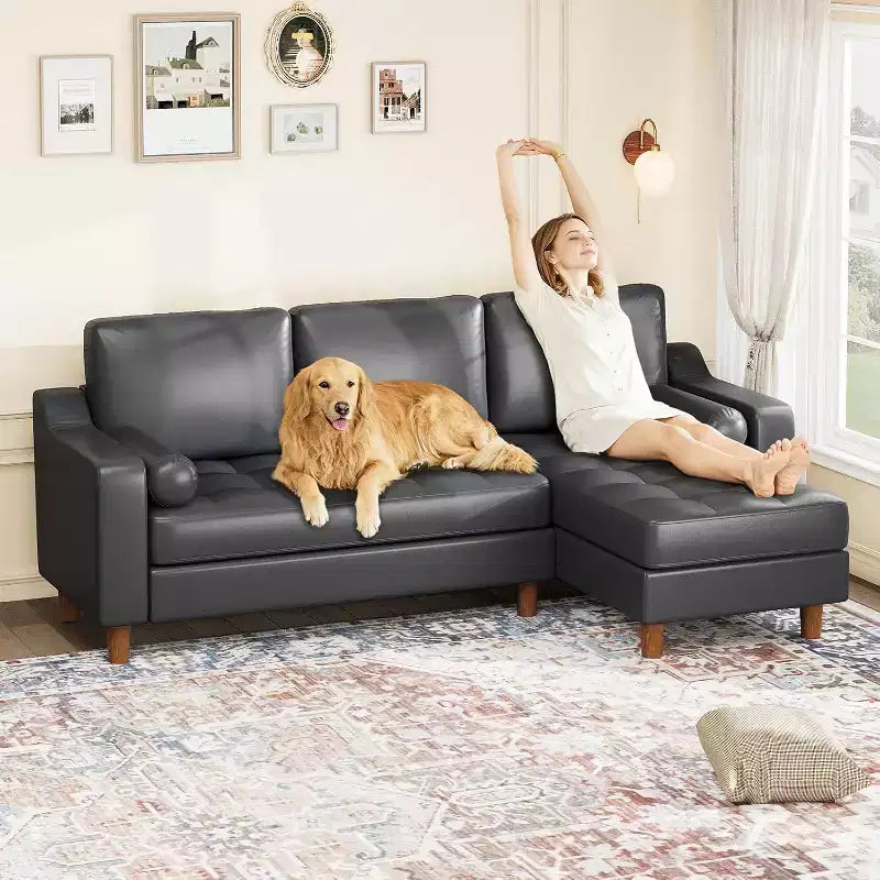 Canapé d'angle en L 88,9" avec méridienne convertible, canapé moderne du milieu du siècle à 3 places en similicuir, assise profonde pour salon, appartement, orange