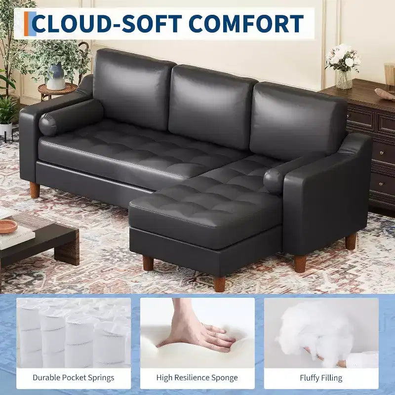 Canapé d'angle en L 88,9" avec méridienne convertible, canapé moderne du milieu du siècle à 3 places en similicuir, assise profonde pour salon, appartement, orange