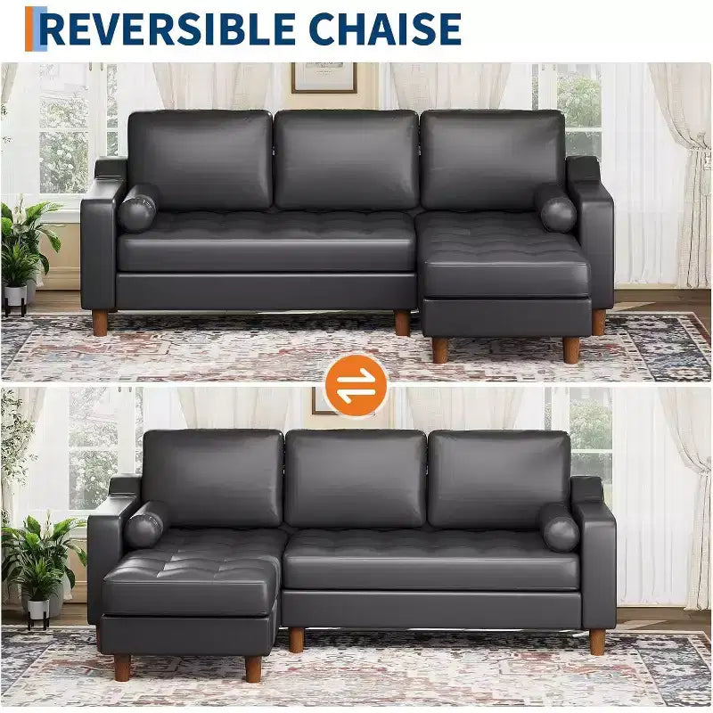 Canapé d'angle en L 88,9" avec méridienne convertible, canapé moderne du milieu du siècle à 3 places en similicuir, assise profonde pour salon, appartement, orange