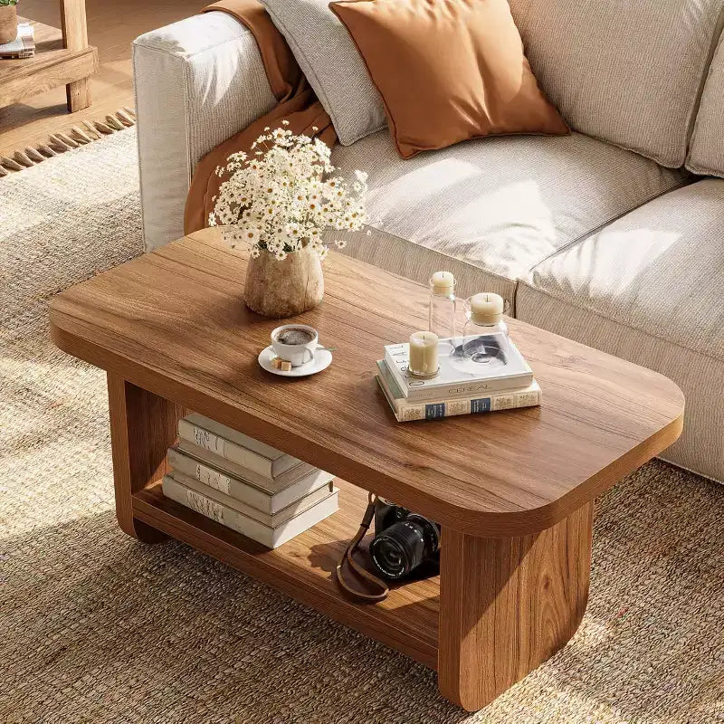 Lantine 2-Tier 47.2 Coffee Table with Storage, Square Modern Farmhouse Table for Living Room, Bedroom, Kids Room, 47.24 W x 23.62 D, Brown