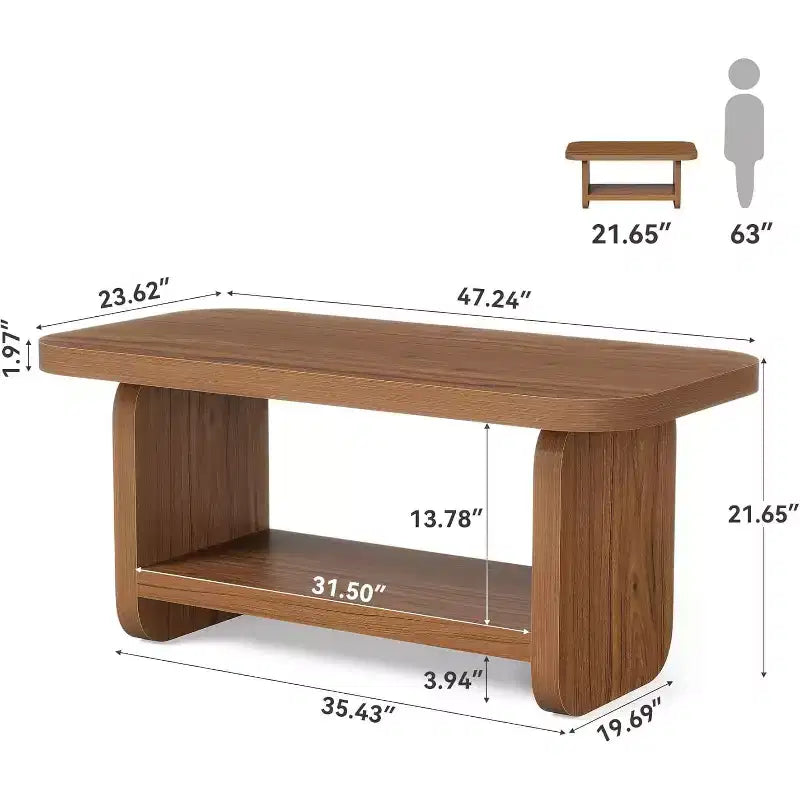 Lantine Table basse à 2 niveaux de 120 cm avec rangement, table de ferme moderne carrée pour salon, chambre, chambre d'enfant, 120,09 cm L x 60 cm P, marron