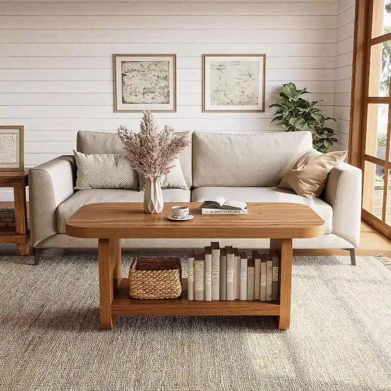 Lantine Table basse à 2 niveaux de 120 cm avec rangement, table de ferme moderne carrée pour salon, chambre, chambre d'enfant, 120,09 cm L x 60 cm P, marron